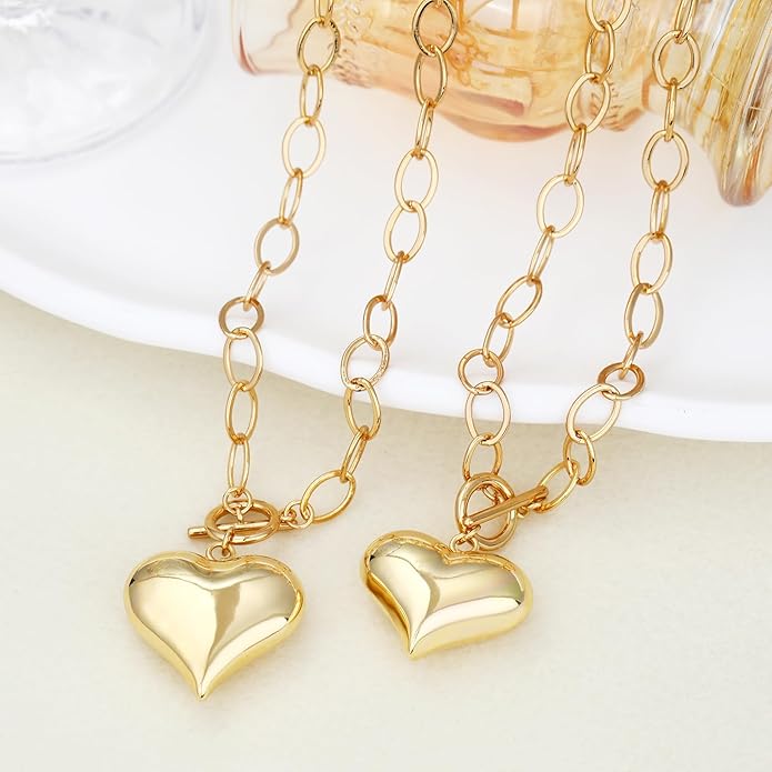 Chunky Gold Necklace for Women, 18K Waterproof Heart Necklace Statement Necklace Gold Charm Necklace Chunky Jewelry Paperclip Chain Choker Gift for Women