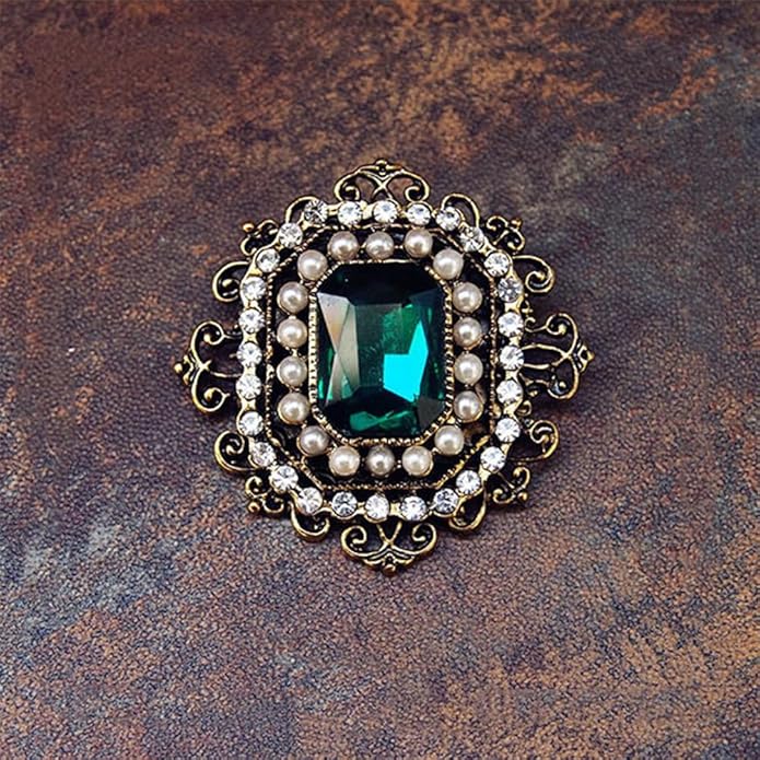 Antique Rhinestone Brooch Pin for Women Girls Gold Tone Vintage Baroque Rectangle Crystal Shell Pearl Boho Victorian Style Brooches Lapel Pins Elegant Wedding Christmas Festival Ornament Jewelry Gift