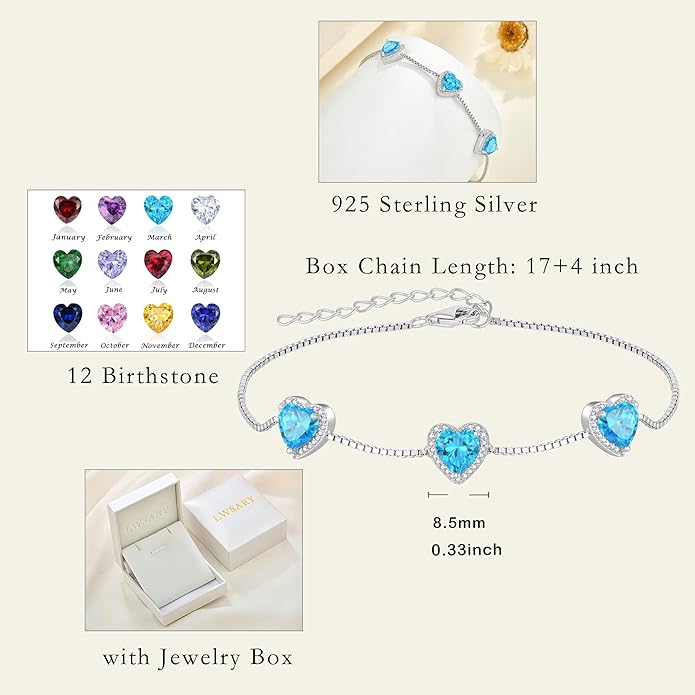 Love Heart Bracelet 925 Sterling Silver Halo Heart Birthstone Bracelet Jewelry Gifts for Women