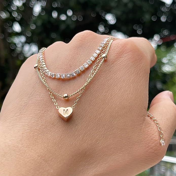Initial Ankle Bracelets for Women, Dainty Gold Layered Heart CZ Bead Anklets, 14K Gold Plated Waterproof Summer Beach Jewelry Set