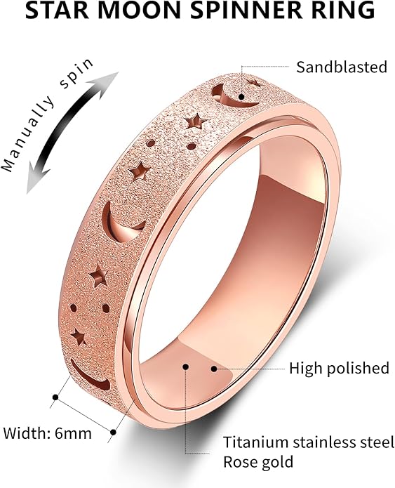 AmorArtSky Anxiety Ring for Women Men, Titanium Stainless Steel Spinner Ring, 5 Colors, 6MM, Size 6-10, 3 Styles Anxiety Ring-Moon Star, Sandblasted Finished, Hollow Outer