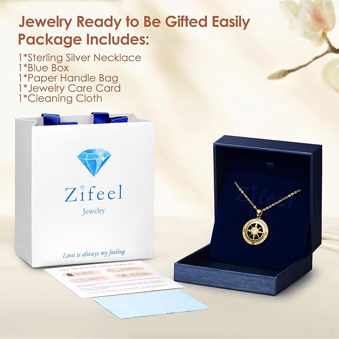 Zifeel Compass Necklace Gifts for Women wife - S925 Sterling Silver Birthstone Necklaces for Women - Anniversary Birthday Gifts for Her Wife Girlfriend - Valentines Mom Mothers Day Christmas Gifts Jewelry for Women