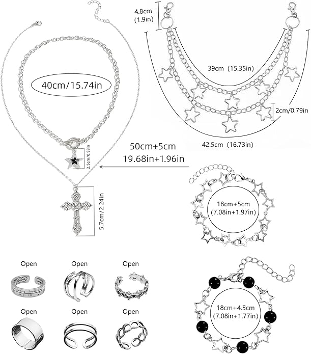 Molirex 12 Pcs Y2k Accessories Set Grunge Layered Necklace, 3 Star Chains with 6 Rings Vintage Silver Jewelry for Women