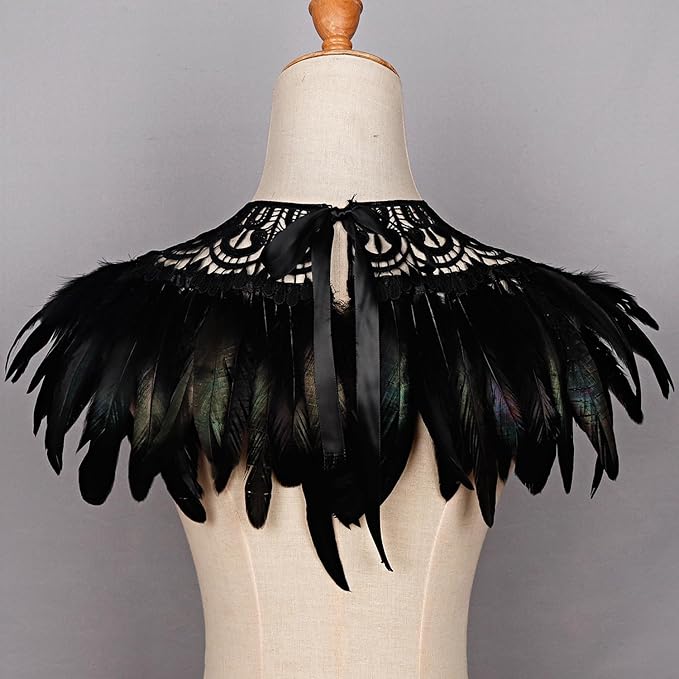 L'VOW Real Black Feather Harness Lace Collar Necklace Bib Halloween