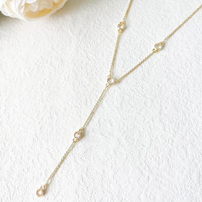 Zeffy Lariat Gold Necklace for Women, Dainty Long Necklace 14k Gold/Silver Plated Layered CZ Beaded Bar Chain Y-Shaped Body Chain Stack Drop Wedding Necklace Trendy Simple Gold Jewelry Gifts