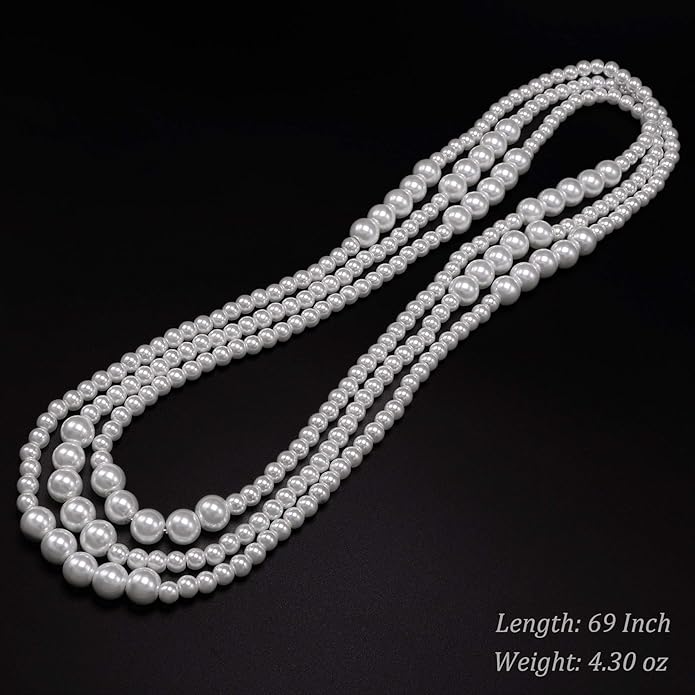 Long Pearl Necklaces for Women Cream White Faux Pearl Strand Layered Necklace Costume Jewelry
