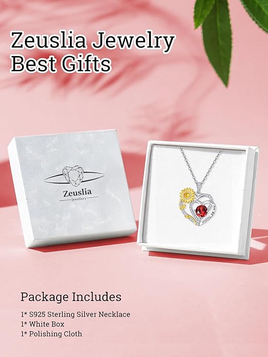 Zeuslia Double Birthstone Necklace Gifts for Wife - 925 Sterling Silver Sunflower/Rose/Crown Cross/Compass/Heart Pendant I Love You Necklace, Anniversary Birthday Gifts for Wife Girlfriend Mom Her