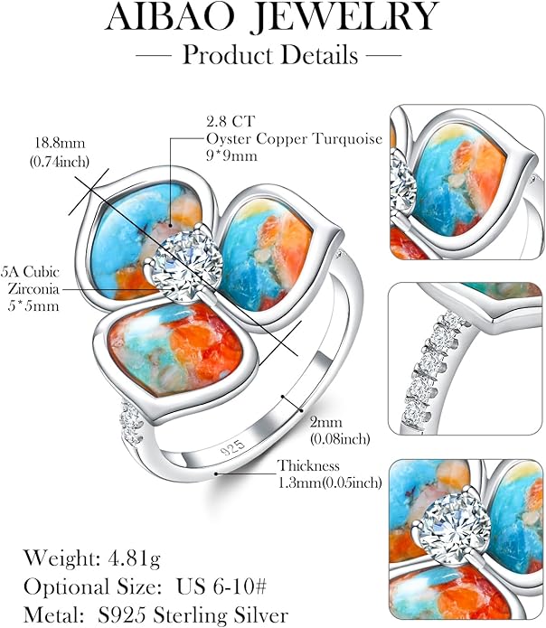AIBAO Flower Gemstone Rings for Women Three Pental Turquoise/Malachite/Mother of Pearl Flower Ring with Cubic Zirconia Center Sterling Silver Statement Rings Size 6 to 10