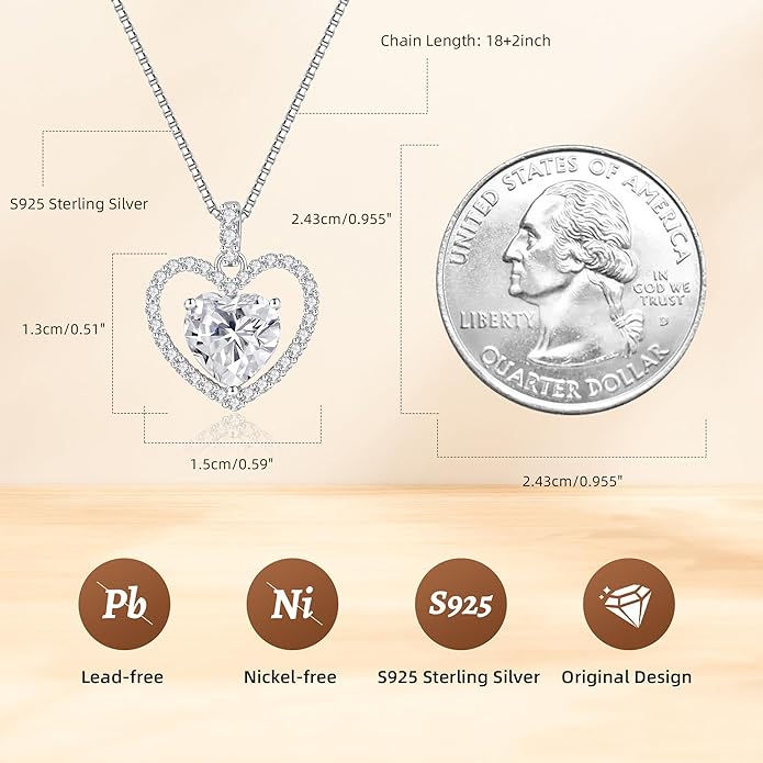 2CT Moissanite Heart Necklace for Women Wife in Gift Box,S925 Sterling Silver Jewelry for Women,Anniversary Birthday Present for Wife Her Girlfriend,18K Gold/White Gold Filled