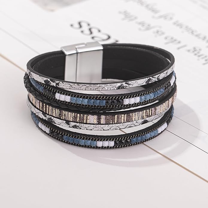 FANCY SHINY Boho Leather Wrap Bracelets Trendy Layered Bracelets with Magnetic Clasp Strackable Bohemian Jewelry Gifts for Women