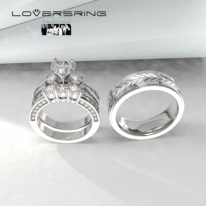 TWO RINGS Wedding Ring Sets His And Hers Promise Ring Couples Bridal Sets Women 925 Sterling Silver square Cz Man Stainless Steel Brushed Finished Wedding Bands