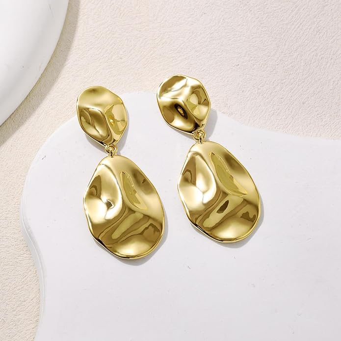 Hefanny Large Hammered Teardrop Dangle Earrings Geometric Chunky Flower Earrings Women's Trendy Statement Jewelry Multiple Styles