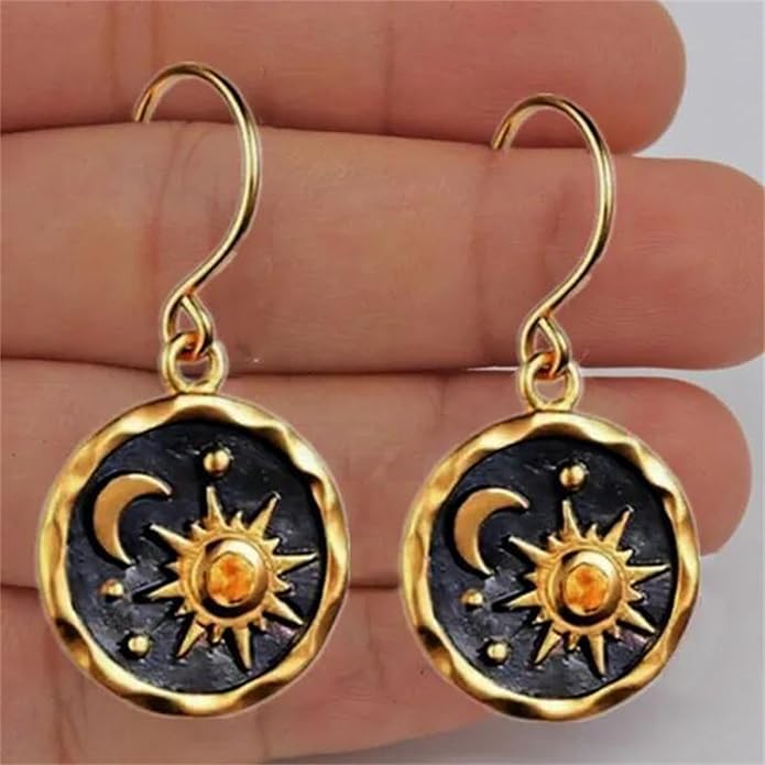 MALOYANVE Vintage Sun and Moon Drop Dangle Earrings for Women Unique lightweight Handmade Retro Boho Antiqued Gold Silver Round Coin Earrings for Women Jewelry