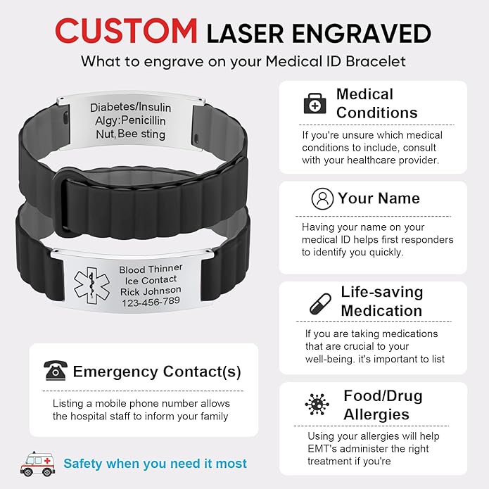 Comfortable Medical ID Bracelet for Men & Women - Custom Engraved Silicone Strap Comfort Fit Medical Alert Bracelets for Sports,Adjustable Waterproof Customizable Wristband for Diabetic