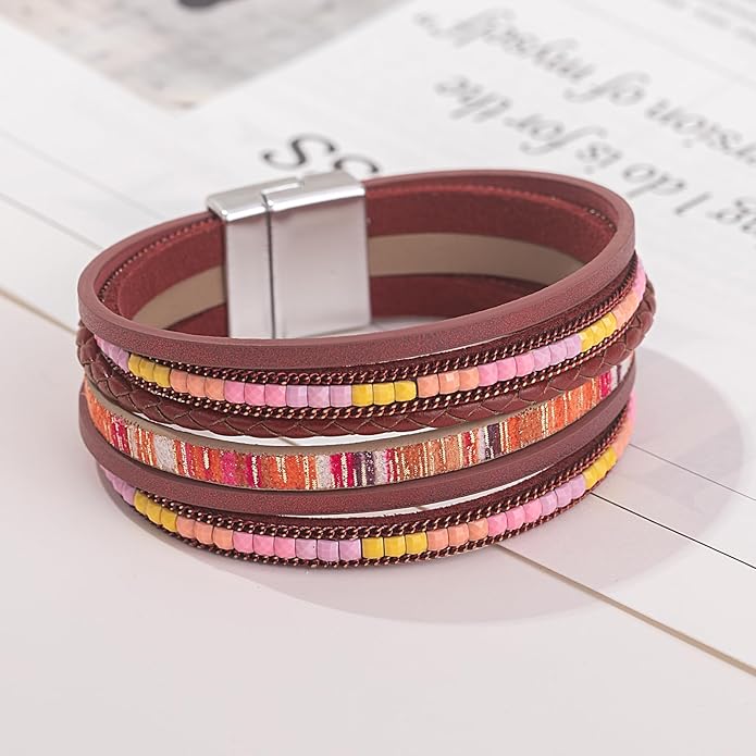 FANCY SHINY Boho Leather Wrap Bracelets Trendy Layered Bracelets with Magnetic Clasp Strackable Bohemian Jewelry Gifts for Women