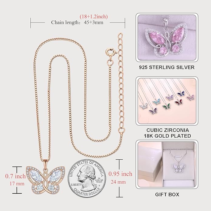 STARCHENIE Butterfly Pendant Necklace for Women 925 Sterling Silver Birthstone Butterfly Jewelry Gifts