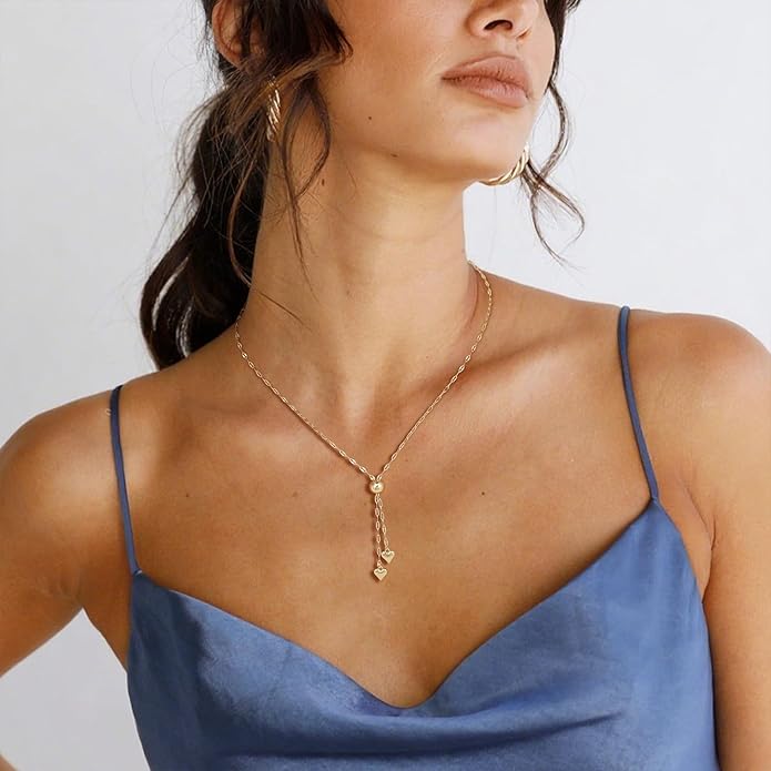 Lariat Necklace for Women, Dainty 14K Gold/Silver Plated Long Necklaces for Women Trendy Simple Layered Y-Shaped Drop Pendant Necklace Adjustable Gold Jewelry Gifts For Her Christmas Stocking Stuffer