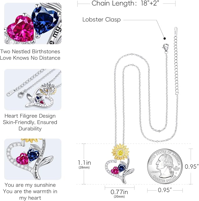 PERJI Valentine's Day Gifts for Women - 925 Sterling Silver Double Birthstone Sunflower Necklace, Anniversary Birthday Jewelry You are My Sunshine Gifts for Wife Couple Girlfriend 18"+2" Non Tarnish