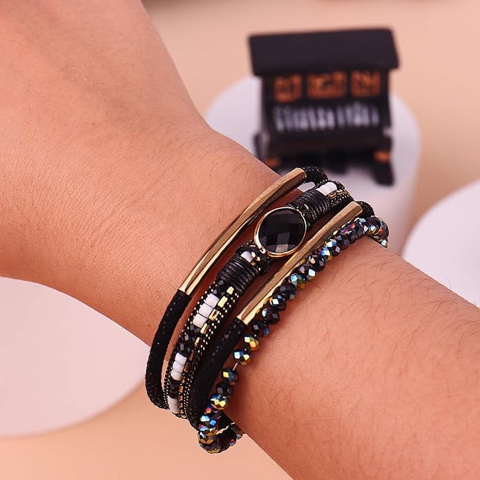 FANCY SHINY Leather Wrap Bracelets Crystal Beads Bracelet Boho Cuff Stone Charm Bracelets with Clasp Costume Jewelry for Women