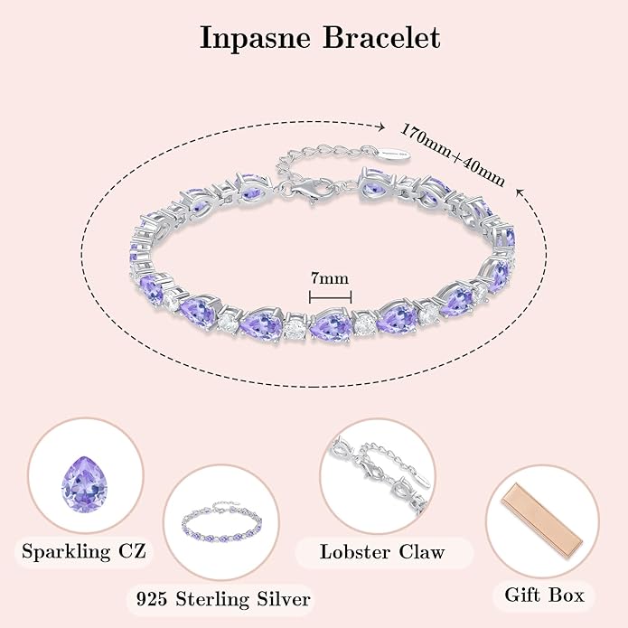 Birthstone Tennis Bracelet for Women 925 Sterling Silver Pear Shaped Gemstone Jewelry Gifts for Her