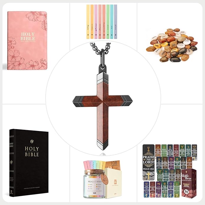 OOTDSE Wooden Cross Necklace for Men and Women 304L Stainless Steel Durable Snag-Free Box Chain with Reinforced Clasp Christian Gift for Dad/Son/Husband/Loves/Friends on Easter/Birthday/Father's Day