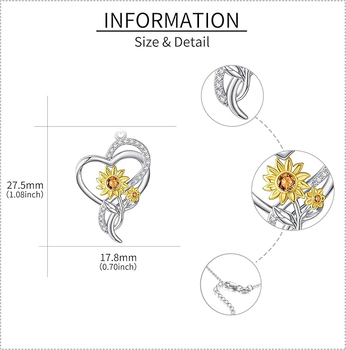 Tulip Sunflower Rose Lily of the Valley Sterling Silver Flower Heart Pendant Necklace Gifts for Women Mother Flower Lover