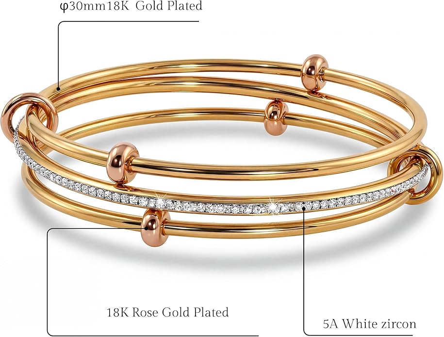 Musishiyu Gold Bracelets for Women Stacking Bangle - 18K Mixed Metal Tri-Color Rolling Interlocking Bands, Cubic Zirconia Fidget Anxiety Jewelry, Valentine's Galentine's Day Gifts (Love, Loyalty, Friendship)