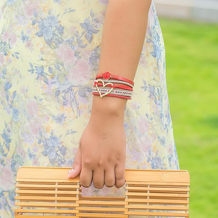 FANCY SHINY Heart Leather Wrap Bracelets Stackable Boho Cuff Bangles Trendy Resin Stone Rhinestone Bracelets with Magnetic Clasp for Women
