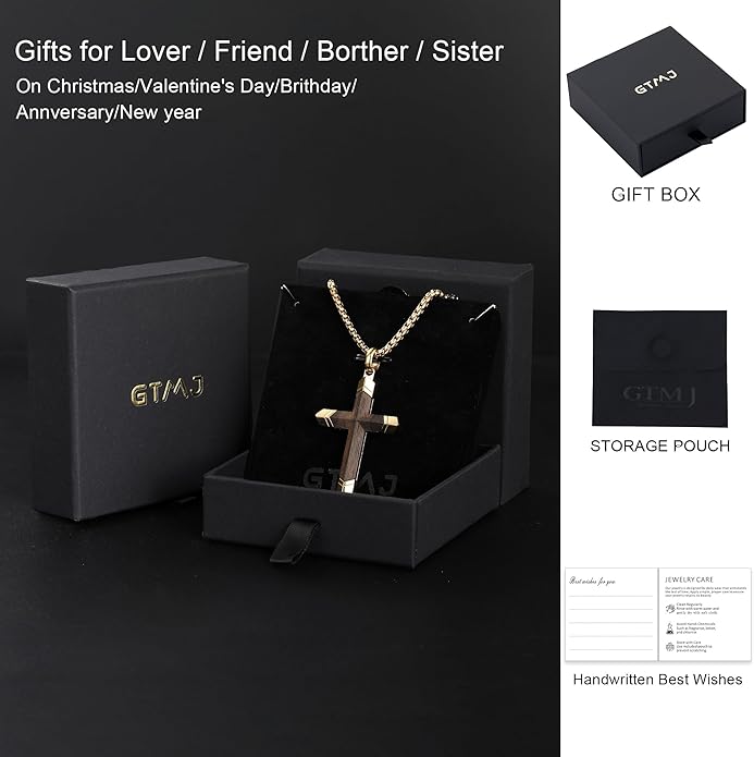 GTMJ Cross Necklace for Men -Stainless Steel & Wood Adjustable Box Chain 24-26in, Spiritual Jewelry Gift for Him, Everyday Wear