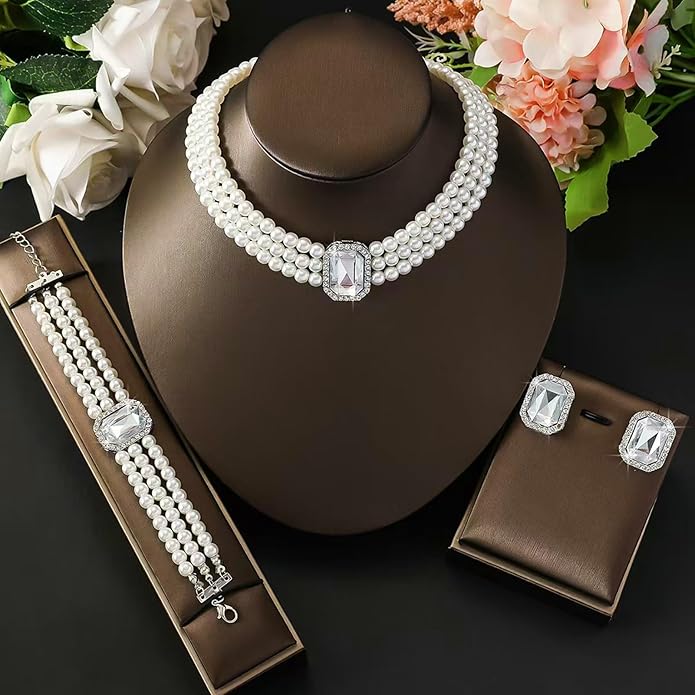 la luen Pearl Bride Wedding Jewelry Set Faux Pearls Crystal Rhinestone Necklace Earrings Bracelet Sets for Women Bridesmaid(3 PCS)