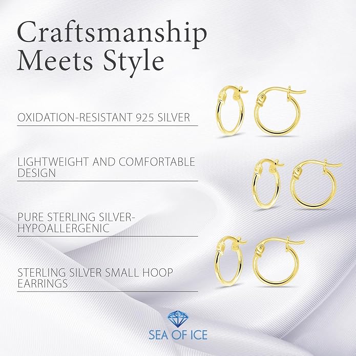 SEA OF ICE 925 Sterling Silver Hoop Earrings for Women - Hypoallergenic Earrings for Women in Sterling Silver, Yellow Gold, Rose Gold or Black Rhodium | Sizes 12MM, 15MM, 20MM or Multipack