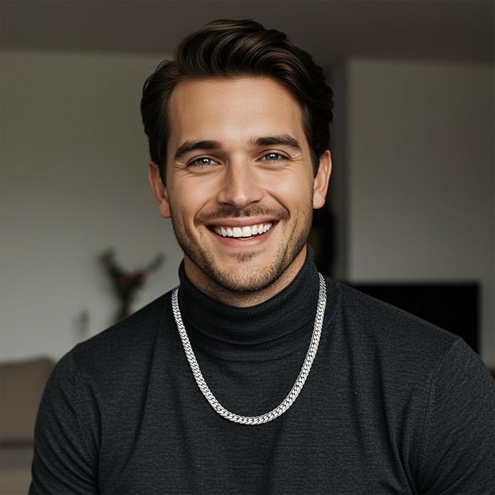 DFUNH 7MM Cuban Link Chain for Men Silver Chains, Silver Mens Chain Necklace,316L Stainless Steel and 14K White Gold /14K Gold Filled, Gold/Silver Chain for Men Necklace