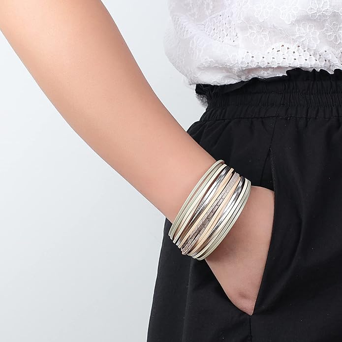 hotoo Handmade Layered Leather Bracelets Wrap for Women Stackable Chunky Colored Men Cuff Bracelet Wristband Bangle Gifts