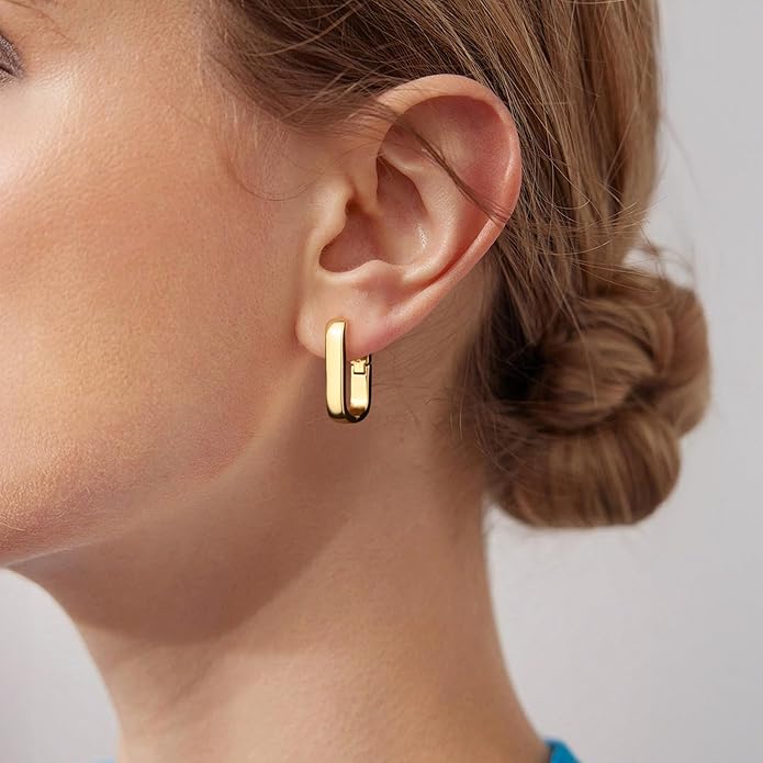 925 Sterling Silver Hoop Earrings for Women Small Square Hypoallergenic 14K Gold Plated Hoop Earrings Geometric Minimalist Rectangle Hoops