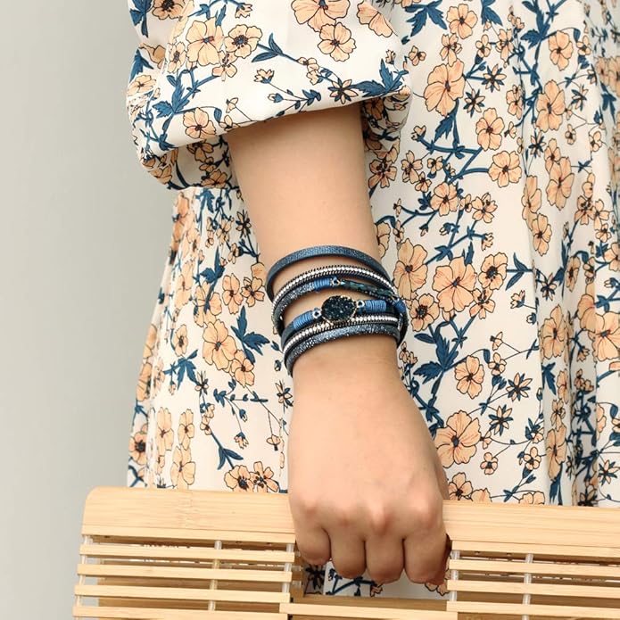 FANCY SHINY Leather Wrap Bracelet Boho Cuff Bangle Bracelets Crystal Bead Bracelet with Magnetic Clasp Jewelry Gifts for Women