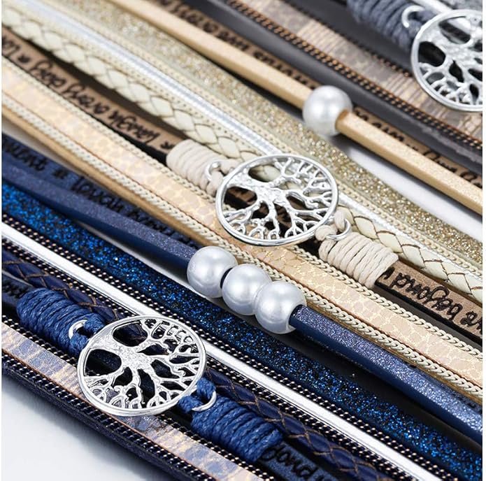 Fesciory Leopard Bracelet for Women, Boho Leather Wrap Multi-Layer Pearl Crystal Bracelet Bangle Jewelry