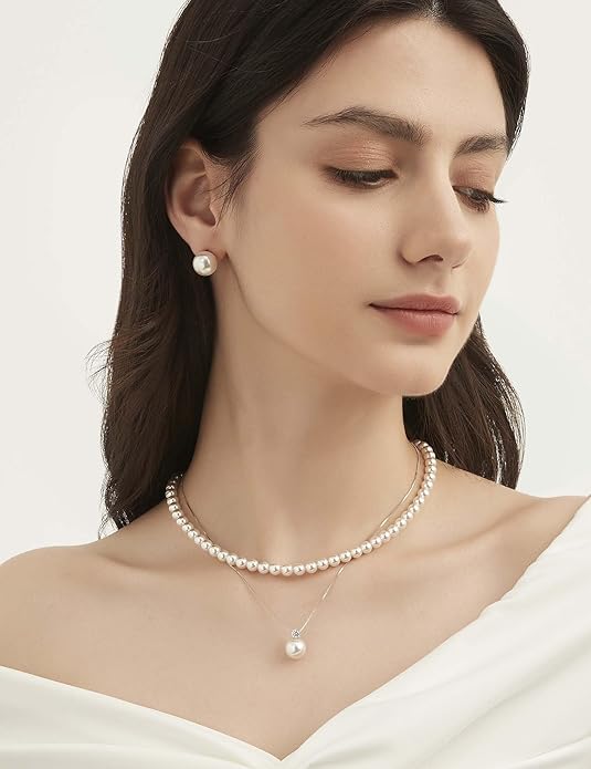 Mameloly Pearl Necklaces for Women Dainty 925 Sterling Silver 18K Gold Plated 6MM Simulated White Pearl Choker Necklace Strand for Her Engagement Wedding Birdal