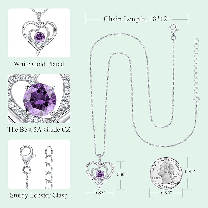 S925 Sterling Silver Necklace for Women, Christams Gift for Women, Love Heart Birthstone Necklaces for Women, Wife Jewelry, Mom Birthday Valentines Mothers Day Gifts, Girlfriend Necklaces, Daughter Heart Jewel, Anniversary for Her