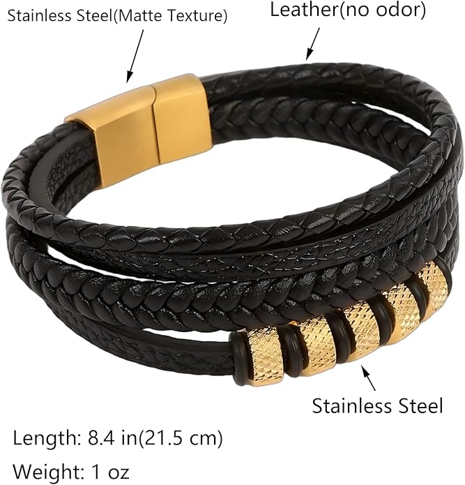 Italian Handmade Genuine Leather Bracelets for Men Stainless Steel Clip, Men's Casual Genuine Multi-layer Cuff Bracelet, Bracelet Gift for Real Men
