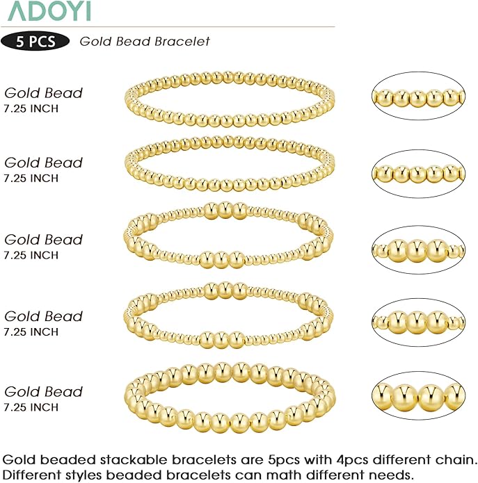 adoyi Gold Bracelets for Women Waterproof, 14K Gold Plated Beaded Strand Bead Ball Bracelets stack Adjustable Jewelry Set for Gifts