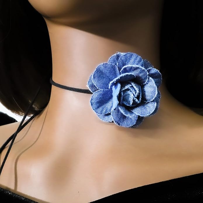 Black Choker Camellia Flower Lace-up Necklace For Women
