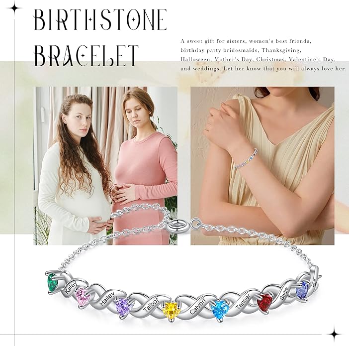 Personalized Custom Name Heart Bracelet with 1-6 Birthstone Bracelets for Women Engraved Family Names Link Bracelets for Mother's Day Mom Daughter