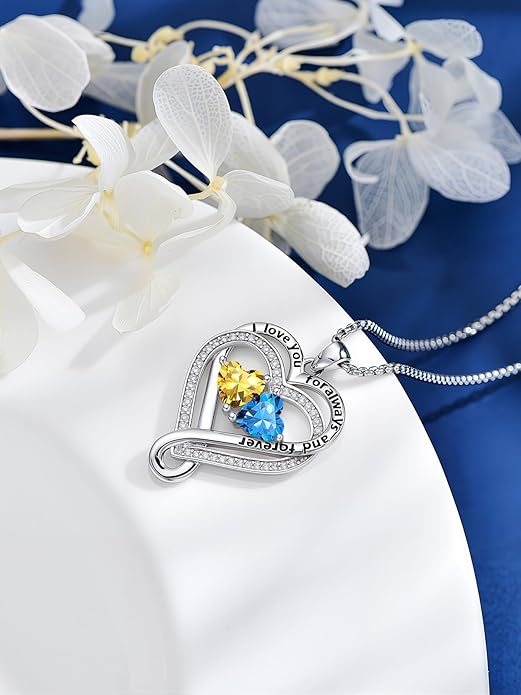 I Love You for Awlays and Forever Double Heart Necklace with Birthstone, 2 Birth Stone Jewelry Anniversary Valentines Mothers Day Christmas Birthday Gifts for Women Her Wife Girlfriend Mom Mother
