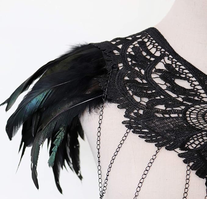 L'VOW Real Black Feather Harness Lace Collar Necklace Bib Halloween