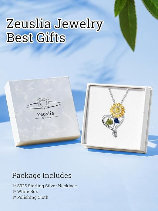 Zeuslia Double Birthstone Necklace Gifts for Wife - 925 Sterling Silver Sunflower/Rose/Crown Cross/Compass/Heart Pendant I Love You Necklace, Anniversary Birthday Gifts for Wife Girlfriend Mom Her