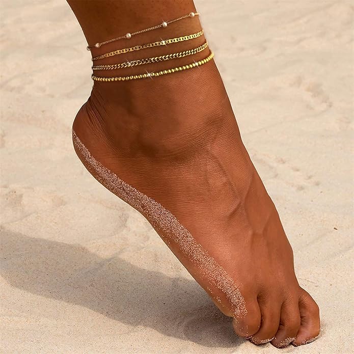 Gold Ankle Bracelets for women,14k Gold/Silver Plated Waterproof Layered lightweight Cuban Link Figaro Chain Heart anklet butterfly anklet Pearl Ankle Bracelets Set Gold Anklets for women Trendy Jewelry Gift for Women