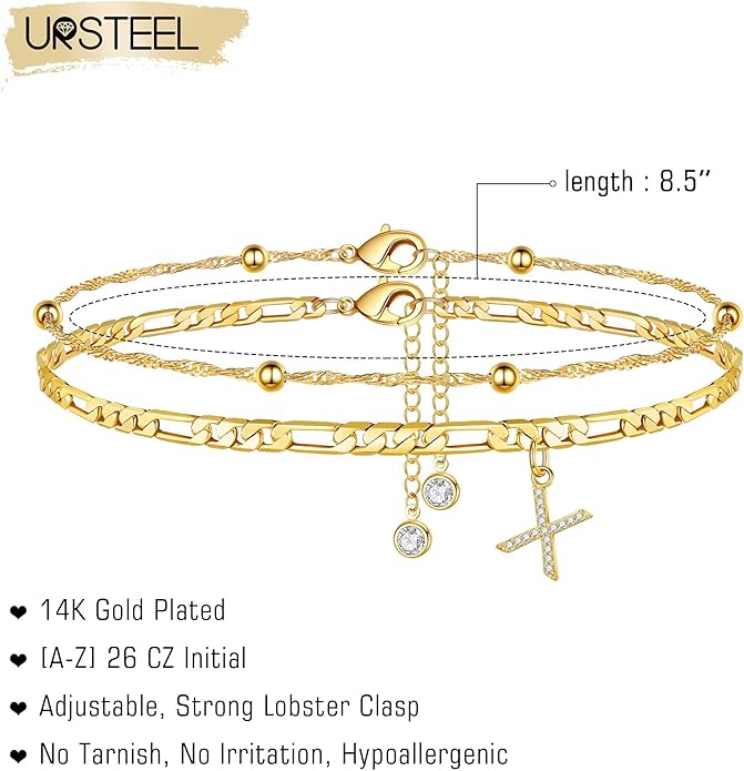 Ursteel Ankle Bracelets for Women, 14K Gold Plated Dainty Layered Chain CZ Initial Anklets Summer Jewelry Gifts for Women