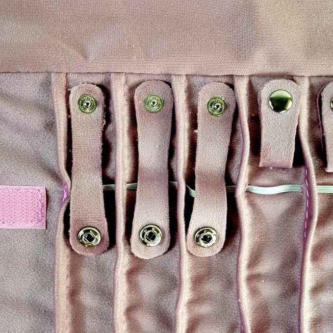 SCIKHEFT Portable Jewelry Roll Untangled Secure Necklace Travel Storage Bag Displays Holder 16 Chain (Embroidery Pink Velvet)
