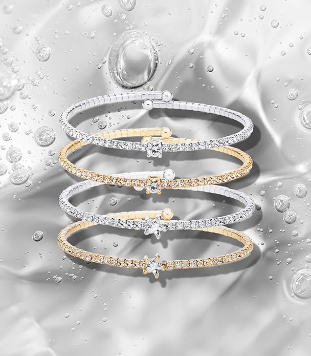 OZEL – Women’s Gold Cuff Bracelets – 18K Gold Plated Textured Bangles with Multi-Color Crystal & Rhinestone Accents – Layered Stacking Jewelry