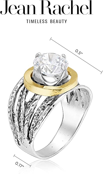 JEAN RACHEL JEWELRY Mixed Metal Two Tone Ring for Women – CZ Wire Wrap – 925 Sterling Silver & 14K Gold Over Silver – Sculptural Wire Band with Round CZ – Hypoallergenic Design